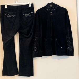 Style & Co. Black Velour Rhinestone-Embellished Hoodie & Flare Pants Set Size L